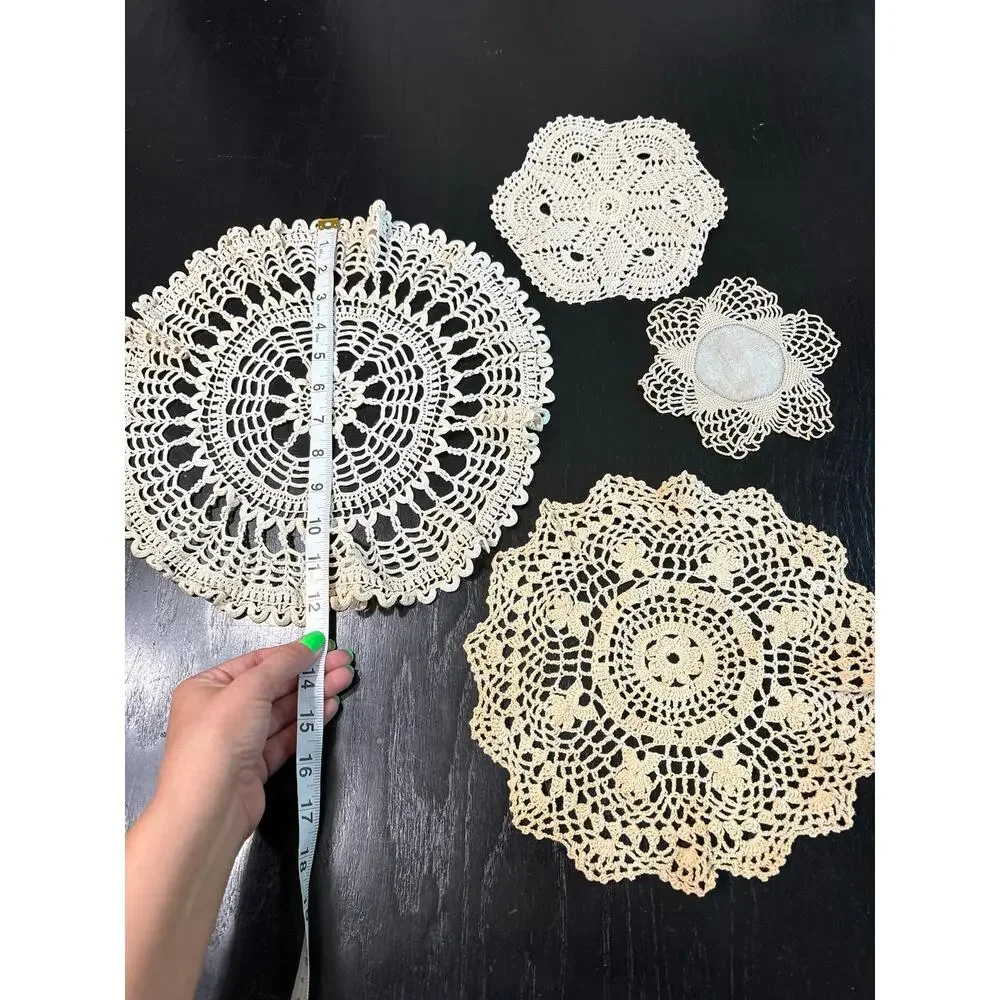 Vintage- Cottage Doilies Squares Assorted Lot of 4- tan beige- Shabby Chic